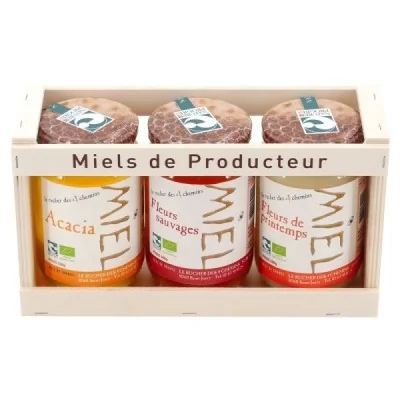 Coffret de présentation en bois “Miels de producteur” Coffret de présentation en bois “Miels de producteur”