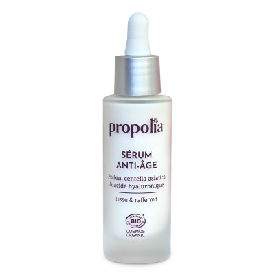 Flacon de 30 ml du sérum anti-âge Propolia certifié Bio - Pollen, centella asiatica & acide hyaluronique