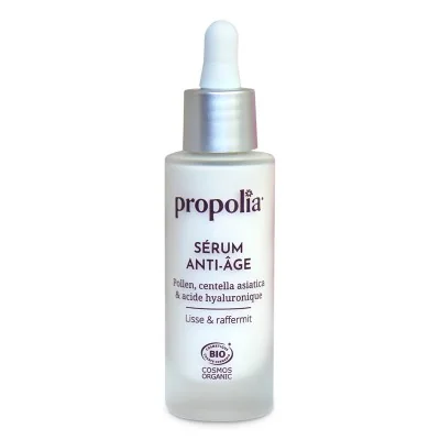 Flacon de 30 ml du sérum anti-âge Propolia certifié Bio - Pollen, centella asiatica & acide hyaluronique Flacon de 30 ml du sérum anti-âge Propolia certifié Bio - Pollen, centella asiatica & acide hyaluronique