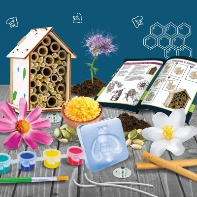 Contenu du kit Laboratoire des abeilles : hôtel à abeilles, cire, graines et expériences