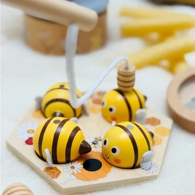 Jeu de pêche aux abeilles en bois – plateau coloré et canne aimantée pour enfants