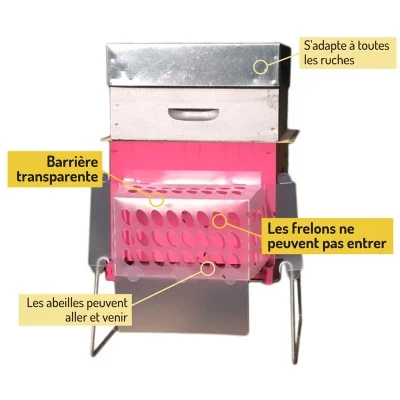 Stop It posé sur l’entrée de ruche : barrière qui laisse passer les abeilles tout en bloquant les frelons à l’extérieur.