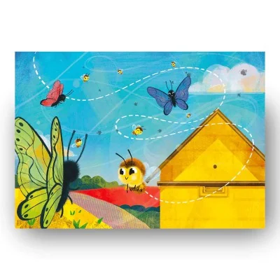 Planche du kamishibaï "Une goutte de miel en été" - la petite abeille rencontre papillons et fleurs près de la ruche. Planche du kamishibaï "Une goutte de miel en été" - la petite abeille rencontre papillons et fleurs près de la ruche.