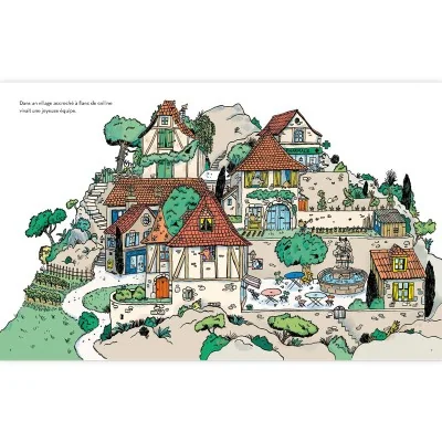 Illustration intérieure du livre "Mielours et les abeilles" : un charmant village de campagne où se déroule l’histoire. Illustration intérieure du livre "Mielours et les abeilles" : un charmant village de campagne où se déroule l’histoire.