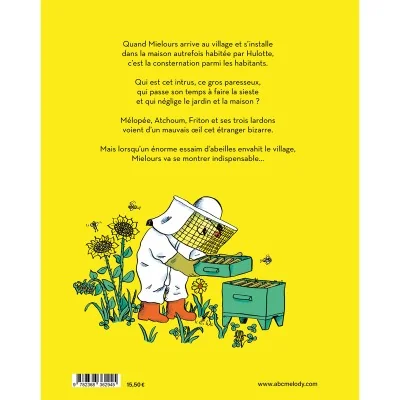 Quatrième de couverture de "Mielours et les abeilles" : présentation de l’histoire et illustration de Mielours en apiculteur. Quatrième de couverture de "Mielours et les abeilles" : présentation de l’histoire et illustration de Mielours en apiculteur.