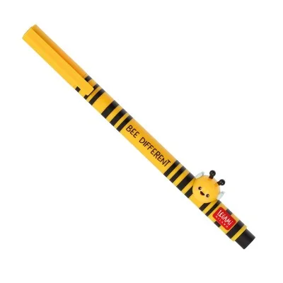 Stylo gel noir "Bee Different" de Legami - design rayé jaune et noir avec abeille décorative en relief.