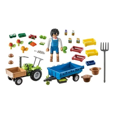 Contenu complet du set Playmobil Tracteur avec remorque : figurine, fruits, légumes, outils et accessoires de ferme. Contenu complet du set Playmobil Tracteur avec remorque : figurine, fruits, légumes, outils et accessoires de ferme.