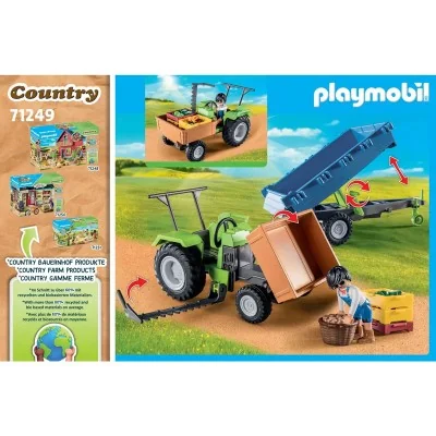 Présentation du tracteur Playmobil Country avec remorque basculante et accessoires de récolte agricole. Présentation du tracteur Playmobil Country avec remorque basculante et accessoires de récolte agricole.