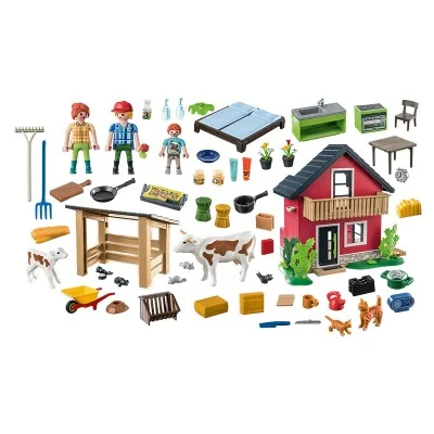 Contenu complet du set Playmobil Petite ferme : figurines, animaux, outils agricoles, meubles et accessoires. Contenu complet du set Playmobil Petite ferme : figurines, animaux, outils agricoles, meubles et accessoires.