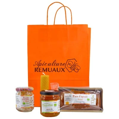 Sac orange Apiculture Remuaux avec produits au miel bio et bougie artisanale