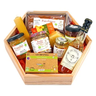Coffret alvéole bois avec produits apicoles : miels, tisane, savon, vinaigre et douceurs