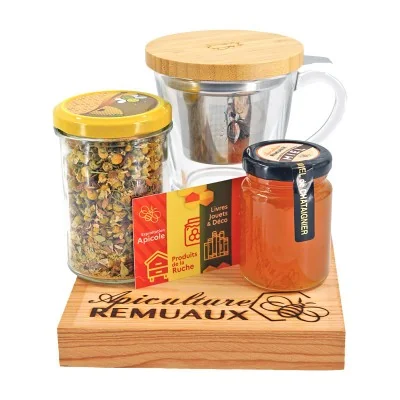 Coffret tisanière avec tisanière en verre, miel bio de châtaignier et infusion vrac