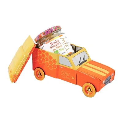 Coffret fourgonnette en métal d'apiculteur avec pot de 140g bonbons bio fourrés au miel