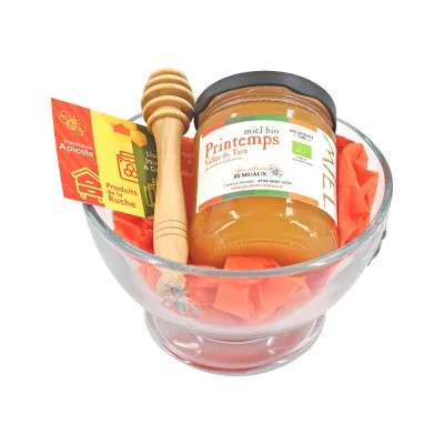 Coffret bol Abeille avec miel bio, cuillère en bois et bol La Rochère