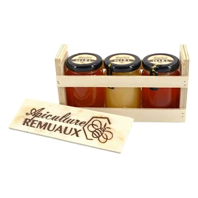 Coffret bois 3 miels bio 125g Apiculture Remuaux - fabrication artisanale