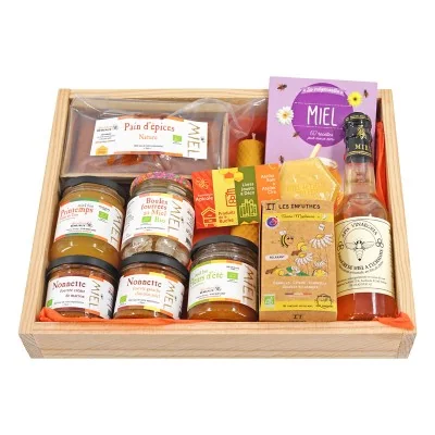 Coffret gourmand famille en bois avec produits bio au miel - Apiculture Remuaux