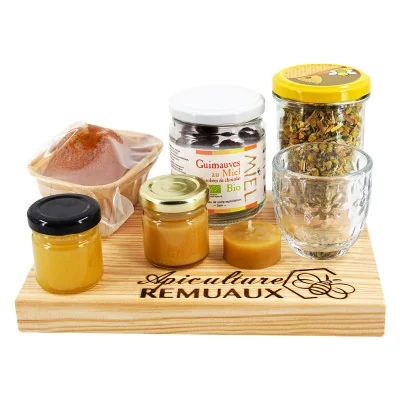 Coffret infusion gourmande avec produits au miel bio, tisane, pain d’épices et tasse en verre - Apiculture Remuaux