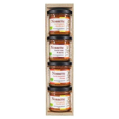 Coffret dégustation nonnettes bio au miel, fourrées au chocolat, crème de marron et orange.