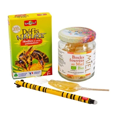 Coffret cadeau enfant sur le thème des abeilles avec jeu, bonbons au miel et stylo abeille - Apiculture Remuaux