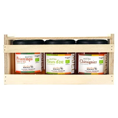 Coffret en bois 3 pots de miel bio 250g - Printemps, Été et Châtaignier - Apiculture Remuaux