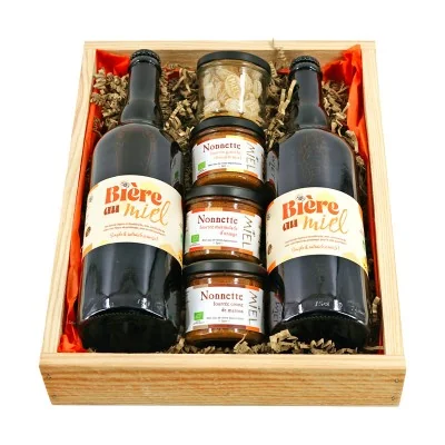 Coffret cadeau en bois avec bières au miel, nonnettes bio et bonbons au miel - Apiculture Remuaux