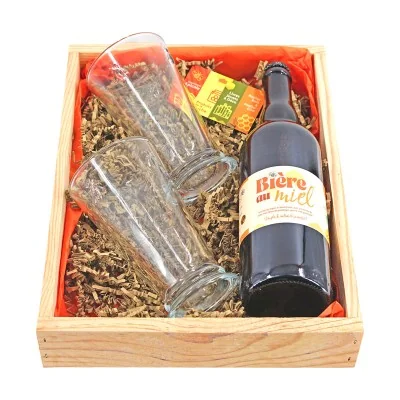Coffret dégustation bière au miel avec deux verres Abeille La Rochère dans un coffret bois Apiculture Remuaux