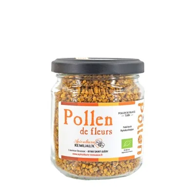 Pot de 125g de pollen de fleurs bio Apiculture Remuaux, récolté dans le Tarn, produit naturel riche en protéines et vitamines