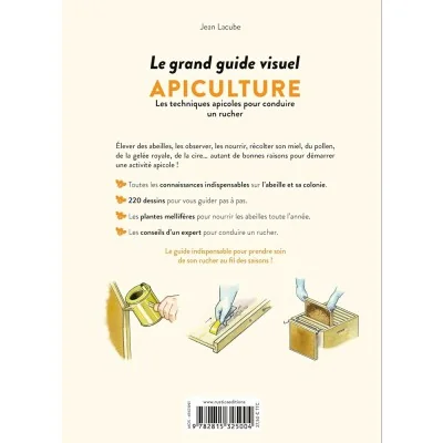 Quatrième de couverture du livre Le grand guide visuel Apiculture de Jean Lacube, guide pratique pour conduire un rucher