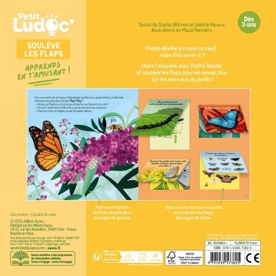 Quatrième de couverture du livre Les animaux du jardin avec Petite Abeille, documentaire à flaps sur les animaux du jardin