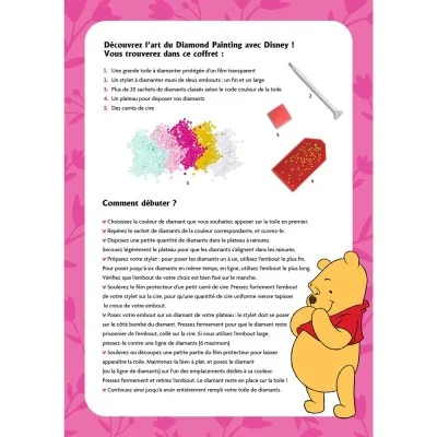 Instructions du Kit diamond painting Winnie l’ourson Disney avec stylet, cire, plateau et diamants colorés