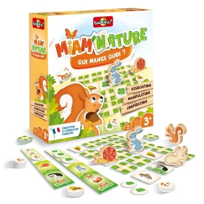 Matériel du jeu Miam’Nature Bioviva avec tuiles, garde-manger, jetons Aliment et pions animaux en bois