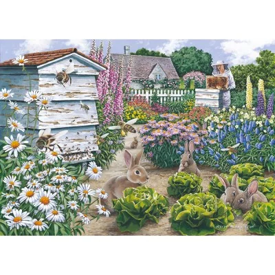 Illustration complète du puzzle Honey Bunnies avec lapins, abeilles, ruches et jardin fleuri