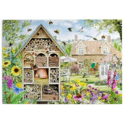 Puzzle Bee Hotel terminé avec hôtel à insectes, abeilles, papillons et jardin fleuri