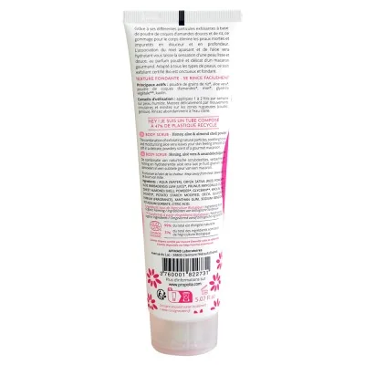 Dos du tube Gommage corps bio Propolia au miel, aloe vera et poudre d’amandes, soin exfoliant certifié COSMOS Organic.