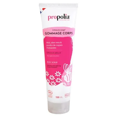 Gommage corps bio Propolia miel, aloe vera et poudre de coques d’amandes, tube 150 ml pour exfolier et adoucir la peau.