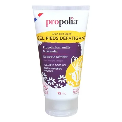 Gel pieds défatigant bio Propolia à la propolis, hamamélis et lavandin, soin rafraîchissant pour pieds fatigués.