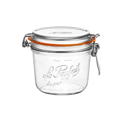 Terrine Le Parfait Super 500g Ø100 en verre avec rondelle orange et fermeture inox