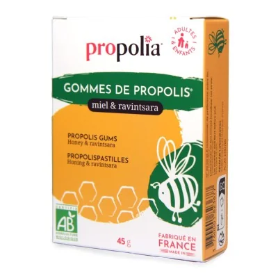 Étui de 45g de gommes bio Propolia à la propolis, au miel et au ravintsara