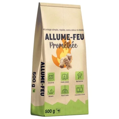 Sachet kraft Prométhée de 500 g, contenant environ 40 allumeurs en laine de bois.