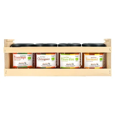 Coffret en bois avec 4 pots de miel bio de 250g - Apiculture Remuaux Coffret en bois avec 4 pots de miel bio de 250g - Apiculture Remuaux