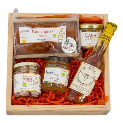 Coffret carré gourmand avec pain d'épices, bonbons bio, Caramiel, miel de Forêt du Sidobre et vinaigre de miel au citron
