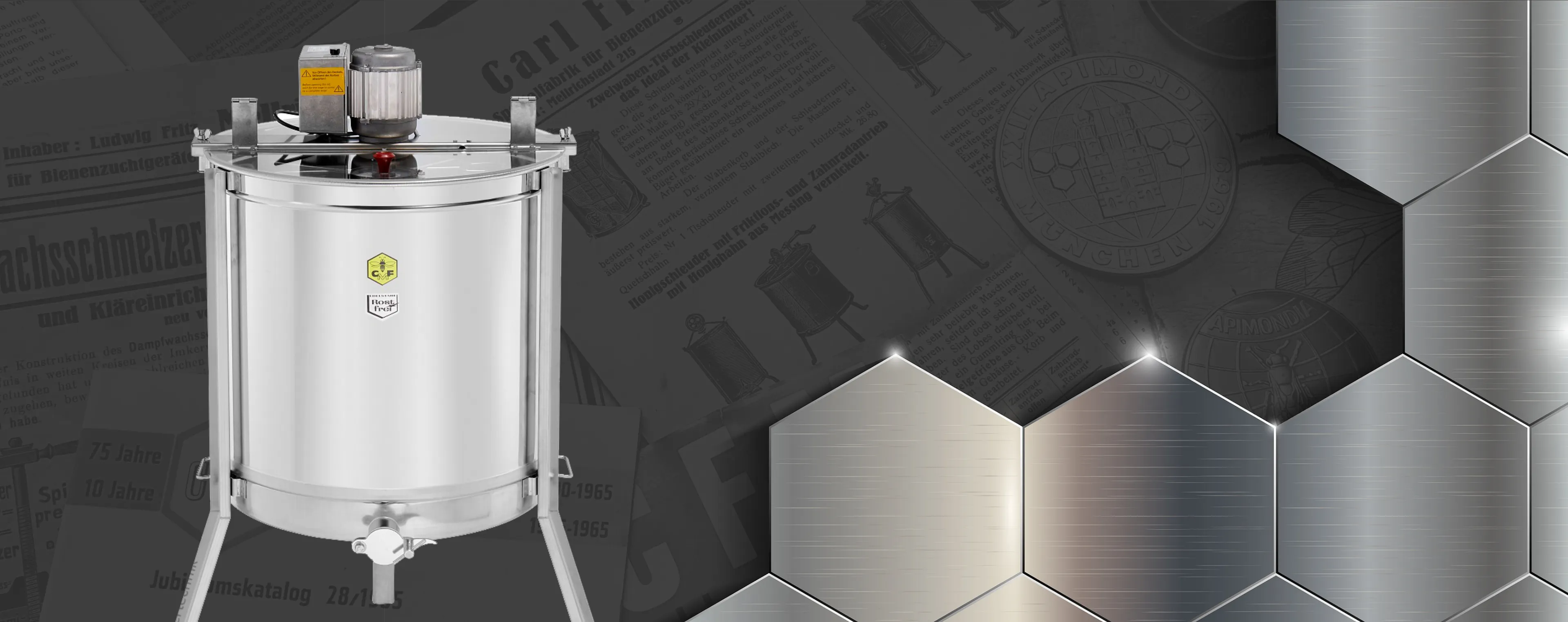 Univers visuel Carl Fritz avec un extracteur en inox et des références aux archives de la marque