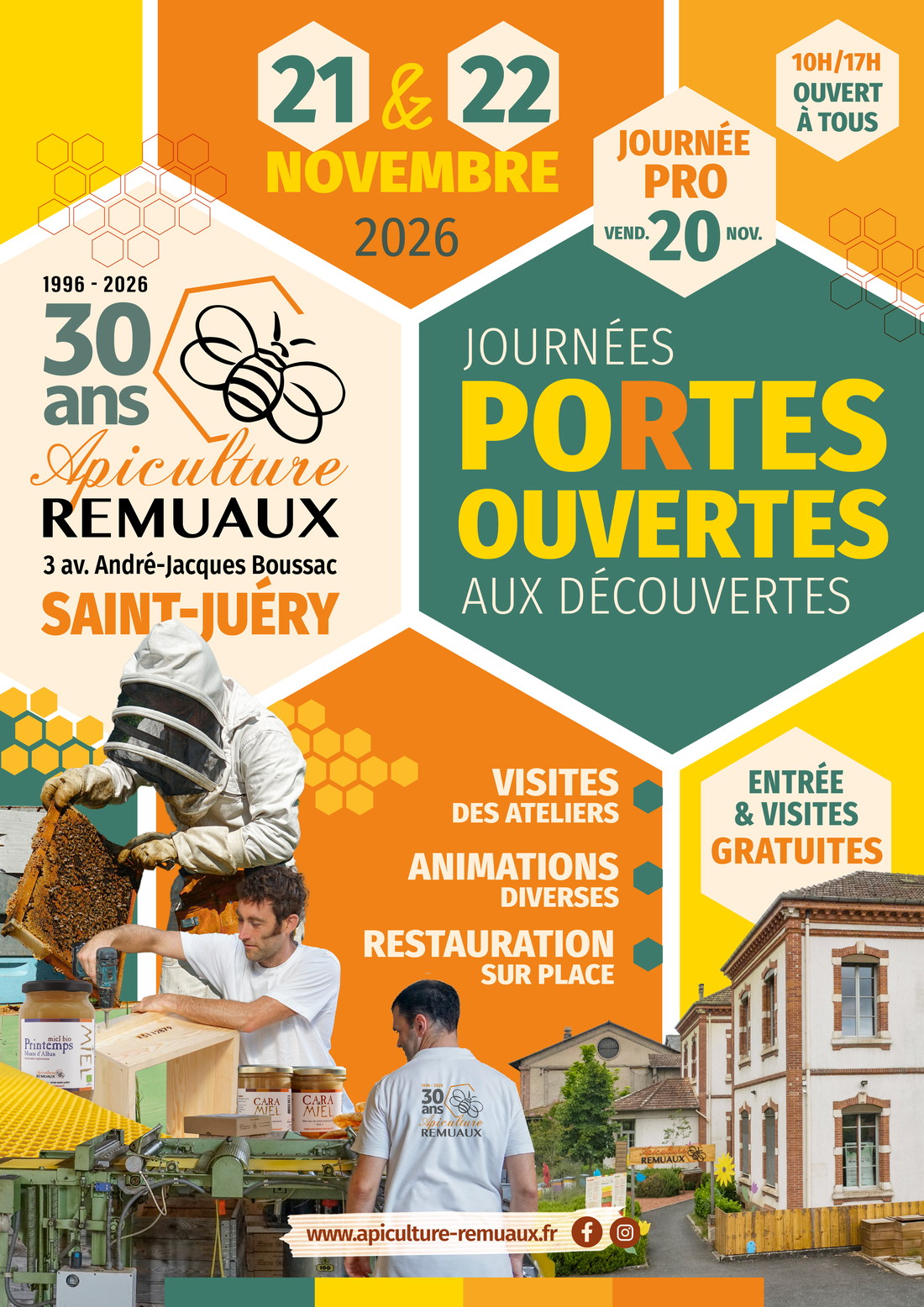 Affiche des portes ouvertes Apiculture Remuaux les 20, 21 et 22 novembre 2026 à Saint-Juéry
