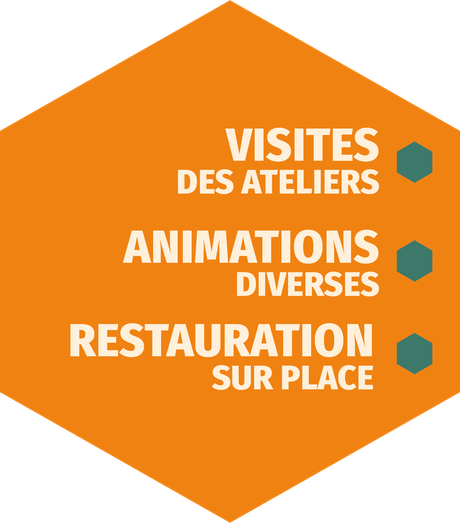 Cartouche graphique annonçant les visites, animations et la restauration sur place