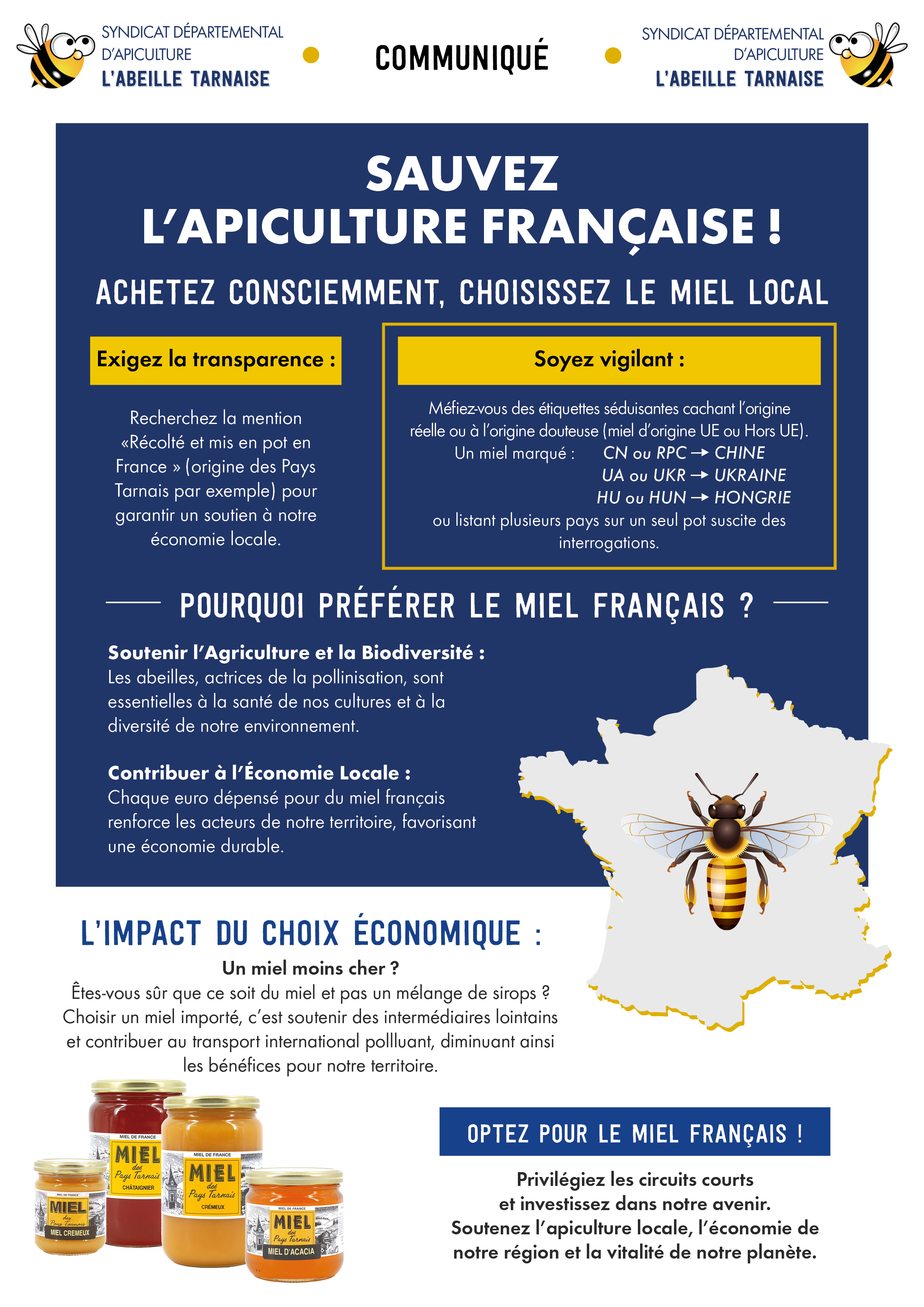 Nous avons récemment contribué à la réalisation d'une affiche sur le miel français en collaboration avec le syndicat apicole L'Abeille Tarnaise, un sujet qui nous tient à cœur.