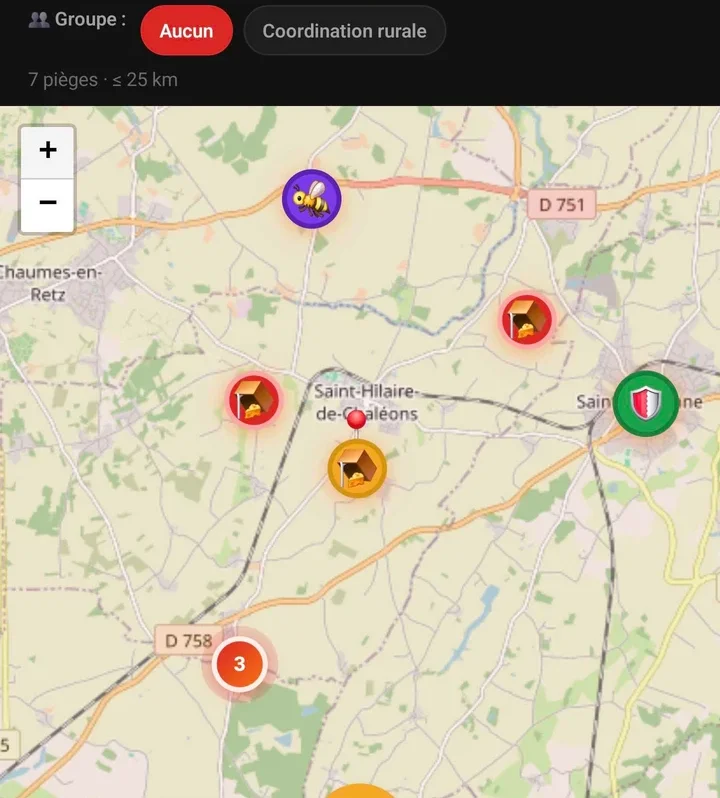 Carte Api’Track montrant des pièges et des signalements de nids