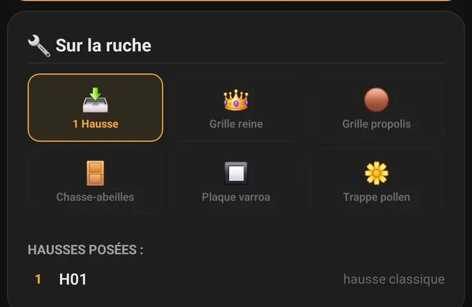 Détail de la fiche de ruche montrant le matériel et la hausse associés