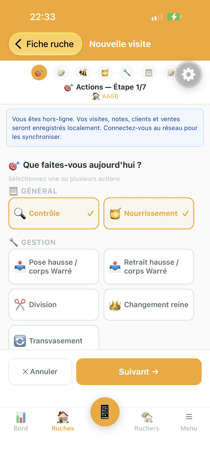 Nouvelle visite Api’Track avec le bandeau hors ligne et les actions à enregistrer